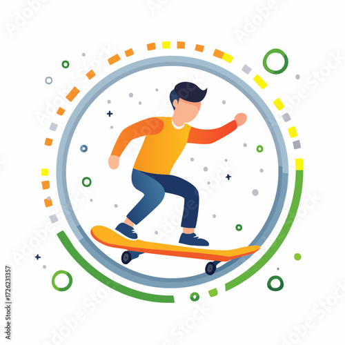 Illustration of a person skateboarding within a circular frame featuring green screen technology elements, abstract shapes, and technology symbols