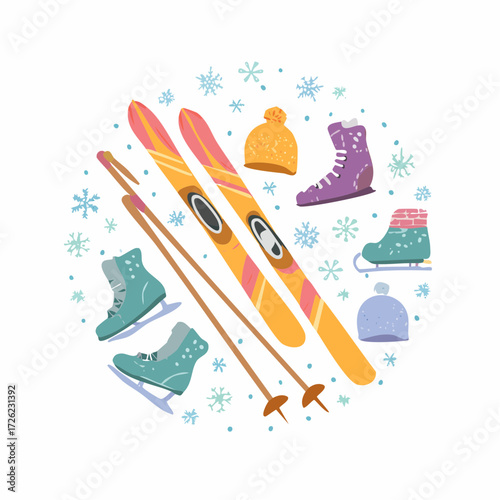 Dynamic collection of winter sports gear, from skis to skates, arranged for digital display on a versatile chroma green screen, utilizing modern technology for visual screen presentations