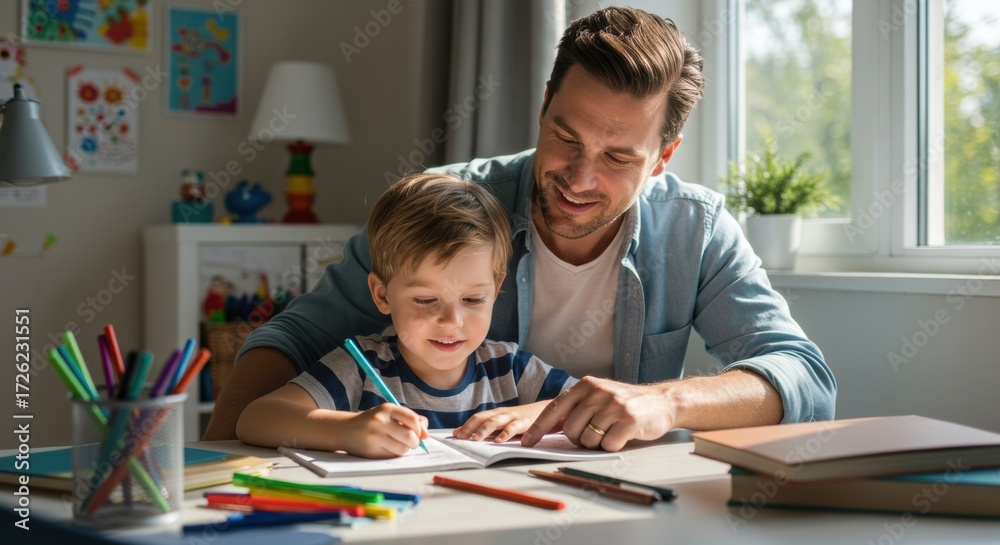 Fototapeta premium Father and son bonding over drawing at home bright living room family activity warm atmosphere