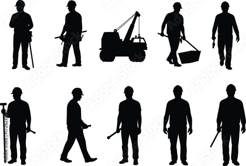 Construction workers silhouettes, hard hats, industrial tools, excavator, teamwork, labor force, vector illustration, building site bundle