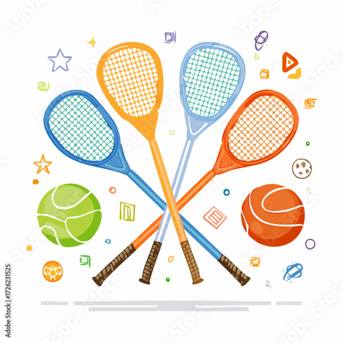 Colorful Tennis Racquets and Balls on a Background with Fun Shapes, Representing Technology and the Green Screen Concept