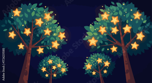 Starry Trees - A Whimsical Nighttime Scene with Glowing Stars.