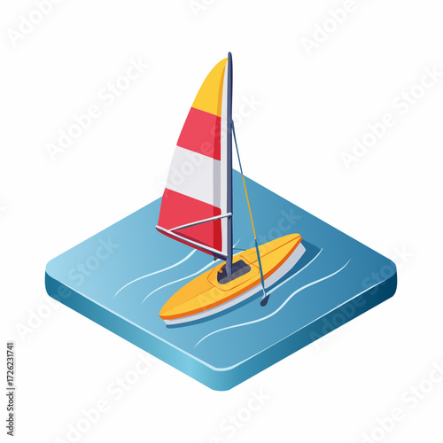 Isometric windsurfer on digital water, a modern graphic asset for technology-focused media. Perfect for a virtual green screen display, this vibrant chroma element is ready for any screen integration