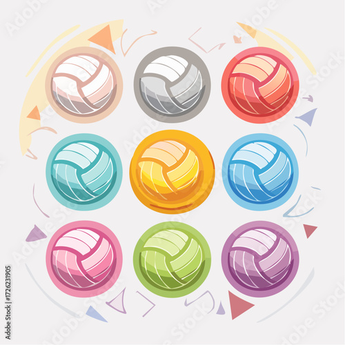 A versatile set of colorful volleyball icons designed for sports media technology, ideal for chroma green screen video production and digital broadcast graphics