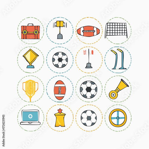 Icons of Sports and Technology Equipment, Trophies, and Digital Green Screen Elements