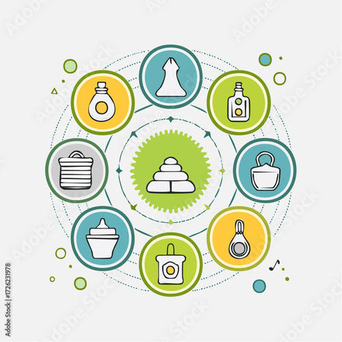 Circular display of green screen technology icons, illustrating chroma green and modern screen applications in a visually appealing, digital format