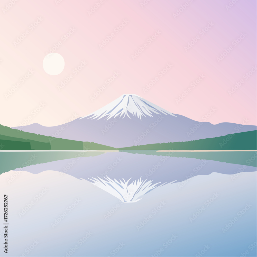 Naklejka premium 雪を被った冬の富士山と日の出と湖の風景のベクターイラスト