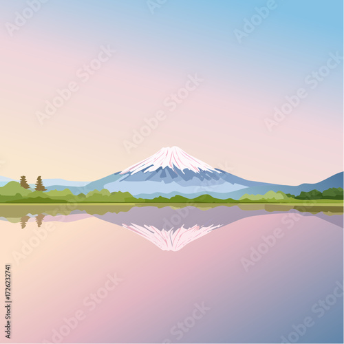 雪を被った冬の富士山と日の出と湖の風景のベクターイラスト