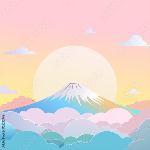 雪を被った冬の富士山と日の出と雲海の風景のベクターイラスト