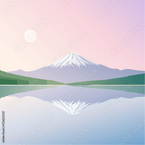 雪を被った冬の富士山と日の出と湖の風景のベクターイラスト