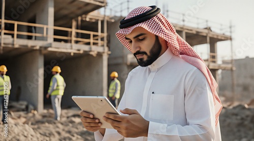 construction foreman inspecting building project, reviewing plans on tablet device | construction, business, technology, real estate, development theme