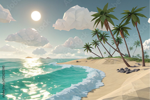 Tropical Papercraft Beach Landscape – Low Poly Digital Art