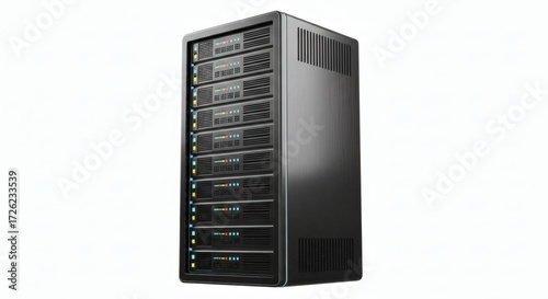 Modern server rack standing isolated on a white background, representing data storage, network infrastructure, and advanced computing technology in a professional IT environment