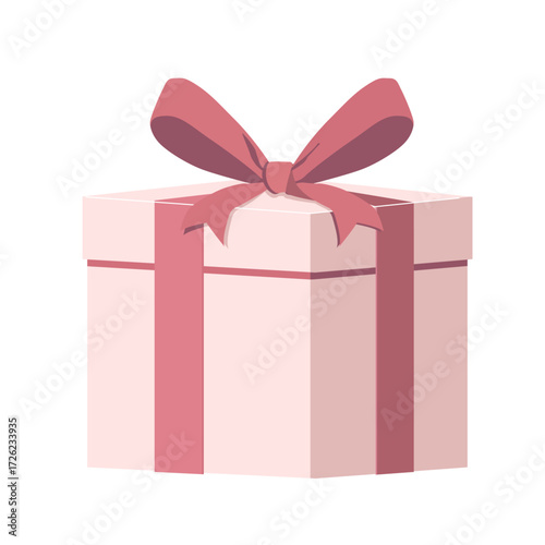 Pink gift box with red ribbon, present icon, celebration, birthday, Christmas, holiday, surprise, flat vector illustration｜赤いリボンのピンク色プレゼントボックス 誕生日 クリスマス お祝い ベクターイラスト