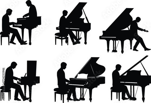 Piano player silhouettes, grand piano, musician, vector art, concert, black figures, artistic pose, music scene, seated pianist, classical instrument