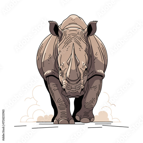 Rhino walking toward the camera on a dusty trail.
