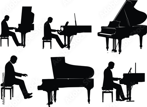 Piano silhouette, grand piano, upright piano, musician, vector art, seated figure, music clipart, black design, artistic posture, piano player