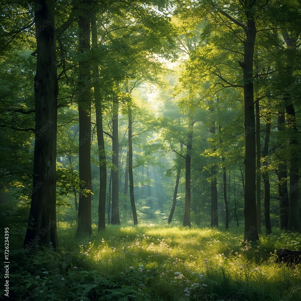 Obraz premium Peaceful Forest with Sunlight Filtering Through Trees – Vibrant Woodland Landscape