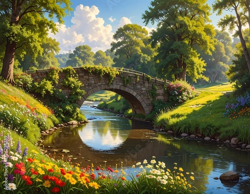 Fototapeta Naklejka Na Ścianę i Meble -  Serene River Bridge in a Lush Meadow