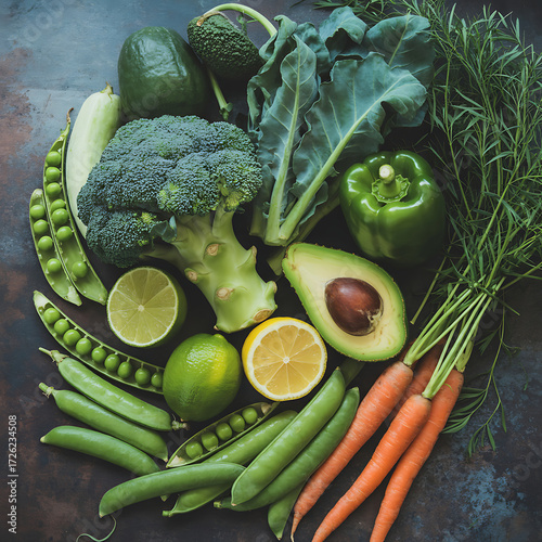 Fresh assortment of vibrant green vegetables and citrus fruits