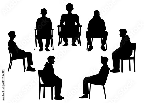 Silhouette of a group of people sitting in chairs, arranged in a circle.