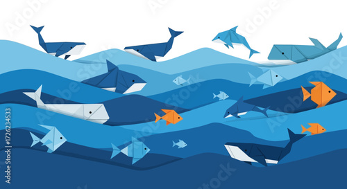 Whales and Fish Swimming in a Blue Ocean Illustration.