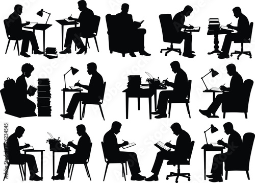 Reading silhouette, writing figure, desk work, study posture, typewriter, books, lamp, research, academic scene, creative workspace