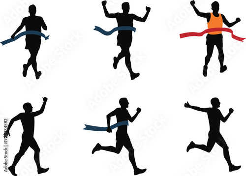Running silhouette, finish line, race victory, athletic pose, celebration moment, sports competition, black and white, motion