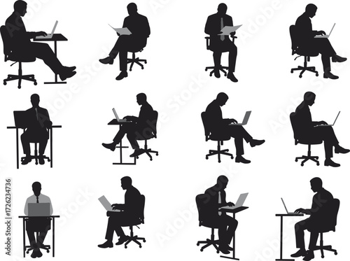 Seated silhouette, desk work, laptop user, reading documents, office chair, study posture, black and white, productivity