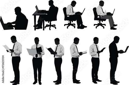 Silhouette to detailed illustration, office worker, laptop user, document reading, professional pose, shading progression, black and white