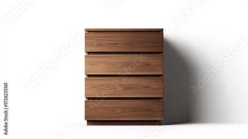 シンプルでモダンなデザインの木製チェストウォールナット材の引き出し収納家具白背景