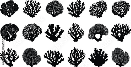 Coral silhouette vector set, marine reef shapes, ocean biodiversity icons, underwater nature illustration, black coral graphics, editable sea life elements, isolated design