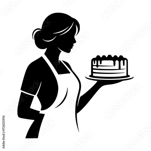 Solid black vector logo of a woman wearing an apron holding a cake