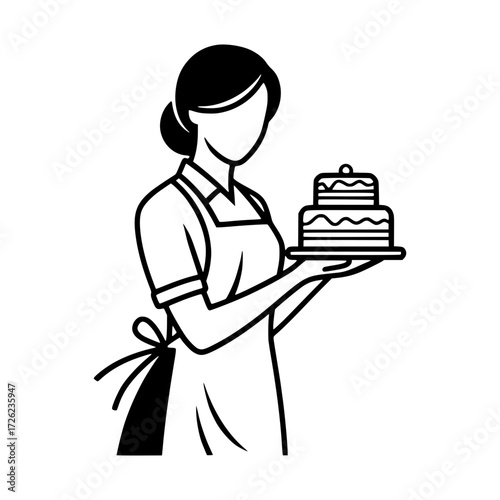 Solid black vector logo of a woman wearing an apron holding a cake