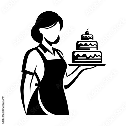 Solid black vector logo of a woman wearing an apron holding a cake