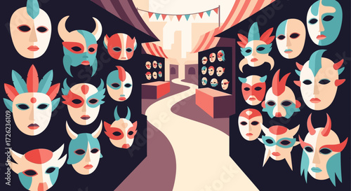 A vibrant collection of decorative masks, each with unique designs and colors, displayed prominently.