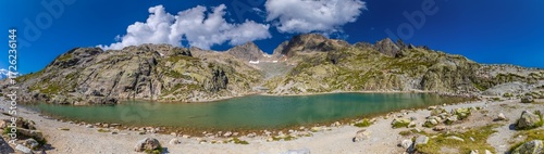 Mountain landscape of the Alps in Chamonix valley, France high resolution wide angle panoramic landscape. Alpine scenery in summer sunny weather on Tour du Mont Blanc, TMB trekking route