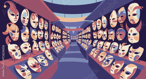 A vibrant display of Venetian carnival masks in a shop.