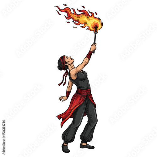 Vector Illustration of Woman Holding Fire Torch in Tribal Style in Bold Colors and Dynamic Pose
