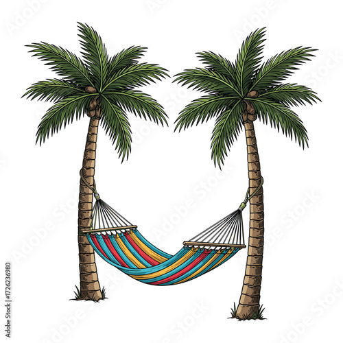 Vector Illustration of Two Palm Trees with Colorful Hammock in Modern Tropical Style