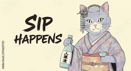 Charming Grey Cat in Kimono with Sake Bottle - "Sip happens" Humorous Design