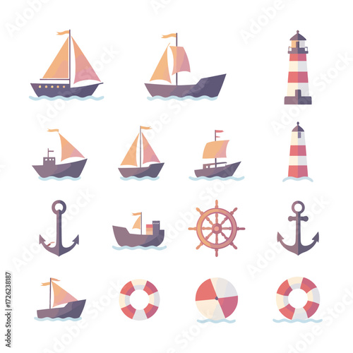 Nautical set featuring sailboats, lighthouses, anchors, and life preservers for a fun, playful maritime design, perfect for summery kids designs

