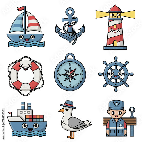 Adorable nautical icons create an engaging marine adventure perfect for children's books, educational games, and vibrant seaside-themed designs
