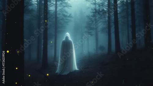 Ethereal spirit wandering through a mystical moonlit woodland at night.