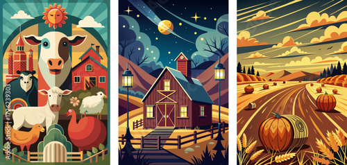 Farm animals: cows, chickens, goats. Structures, barn, farmhouse, fences at night. Crops: wheat, corn, pumpkin, vegetables, elegant poster design