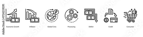 Market Reaction and Recovery web banner vector illustration featuring Economic Growth, Inflation, Global Crisis, Processing, Deficit, Credit, and Consumer.