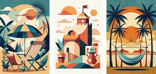 Beach chair with umbrellas, Sandcastle and bucket, Hammocks tied between palm trees, vacation abstract summer, minimalist designs