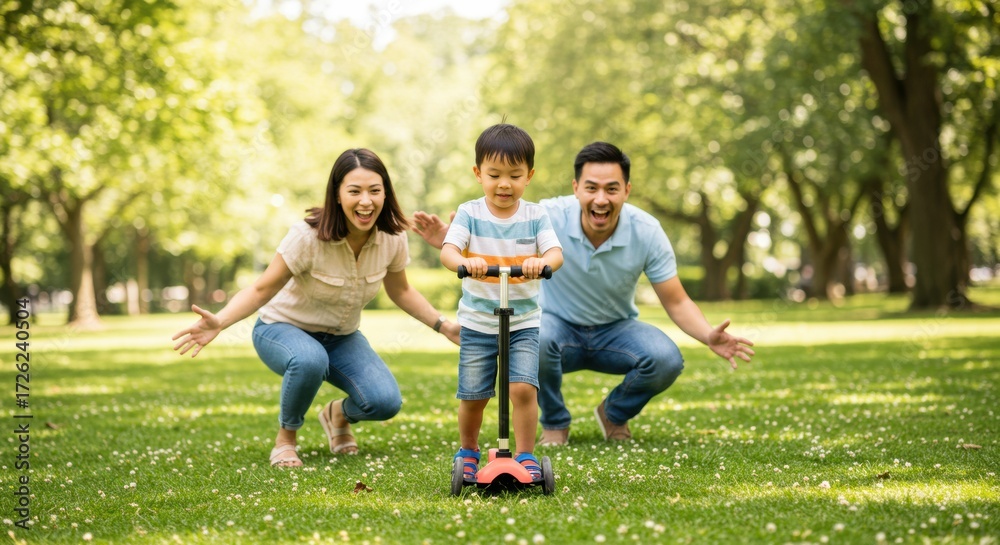 Fototapeta premium Family fun day park candid green space low angle outdoor play