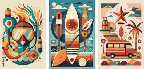 Snorkeling gear, diving fins, masks, Kayak, and paddleboard, van at the beach, abstract summer vibe designs