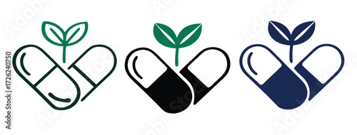 Natural medicine icon outline collection or set in black and white 

